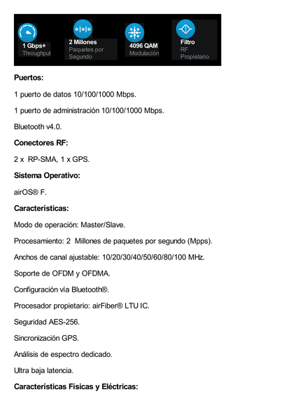 Airfiber Radio Backhaul conectorizado de alta capacidad, con tecnología LTU airFiber hasta 1 Gbps, 5 GHz (4.8 - 6.2 GHz), No hay compatibilidad con AF-5X