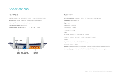 Router Wi-Fi AC750 WISP TP-Link Archer C20 W 1 puerto WAN y 4 puertos LAN 10/100 con 3 antenas externas