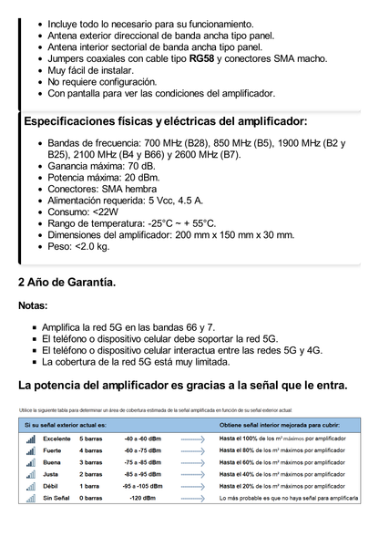 Kit Amplificador de Señal Celular 5G / Mejora las llamadas convencionales y VoLTE / Soporta los datos de las tecnologías 2G, 3G, 4G y 5G de TELCEL, AT&T, MOVISTAR y OMV de Altán / Cubre hasta 300 m2.