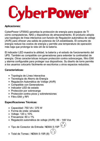 UPS de 750 VA/375 W, Topología Línea Interactiva, Entrada 120 Vca NEMA 5-15P, y 8 Salidas NEMA 5-15R, Puerto USB, Con Regulador de Voltaje (AVR)