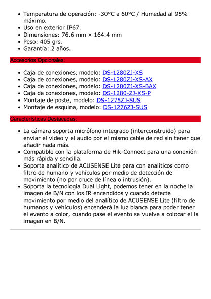 [Dual Light + ColorVu] Bala IP 2 Megapixel / Lente 2.8 mm / 30 mts IR + 30 mts Luz Blanca / Micrófono Integrado / ACUSENSE Lite / Exterior IP67 / WDR 120 dB / PoE / Micro SD / ONVIF