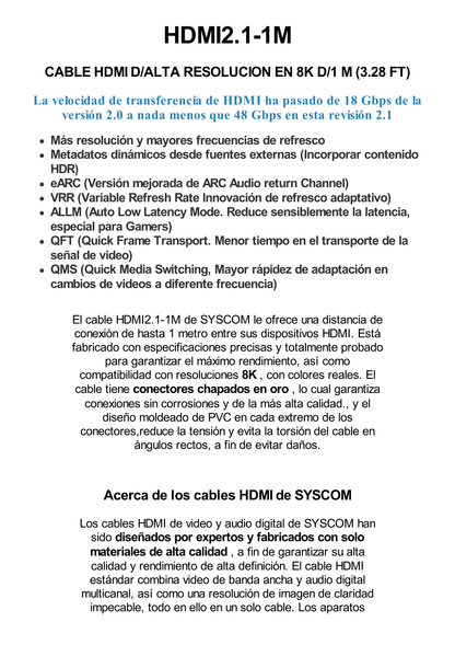 Cable HDMI de Alta Resolución en 8K  / Versión 2.1 / 1 Metro de Longitud / Recomendado para Audio eARC / Dolby Atmos