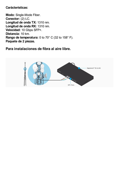 UFiber Módulo SFP+ 10G, transceptor MiniGibic MonoModo 10 Gbps, distancia 10 km, conectores LC, paquete de 2 piezas