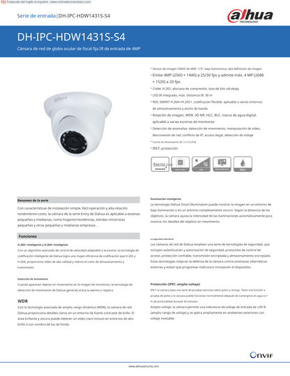 Camara Dahua DH-IPC-HDW1431SN-S4 IP domo 4 mpx lente 2.8 mm 93 gds IR 30 m PoE IP67