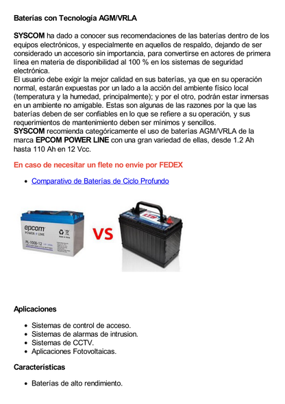 Batería 12V @ 100 Ah / AGM-VRLA / Uso Aplicacion de Respaldo /Terminales Tipo T12 ( HEX )