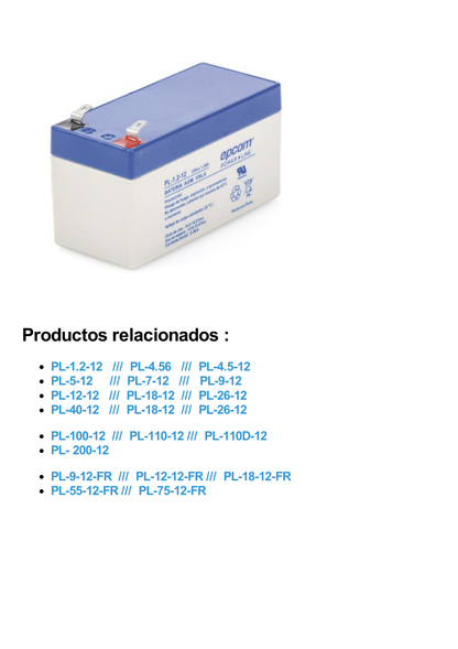 Batería 12 Vcc / 1.2 Ah / UL / Tecnología AGM-VRLA / Para uso en equipo electrónico Alarmas de intrusión / Incendio/ Control de acceso / Video Vigilancia / Terminales F1 / Cargador recomendado CHR-80.