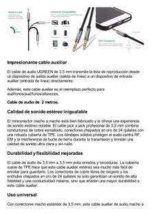 Cable Auxiliar 2 Metros / Conector 3.5mm a 3.5mm / Macho a Macho / Cubierta de TPE / Carcasa de Aluminio / Color Negro