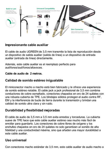 Cable Auxiliar 2 Metros / Conector 3.5mm a 3.5mm / Macho a Macho / Cubierta de TPE / Carcasa de Aluminio / Color Negro