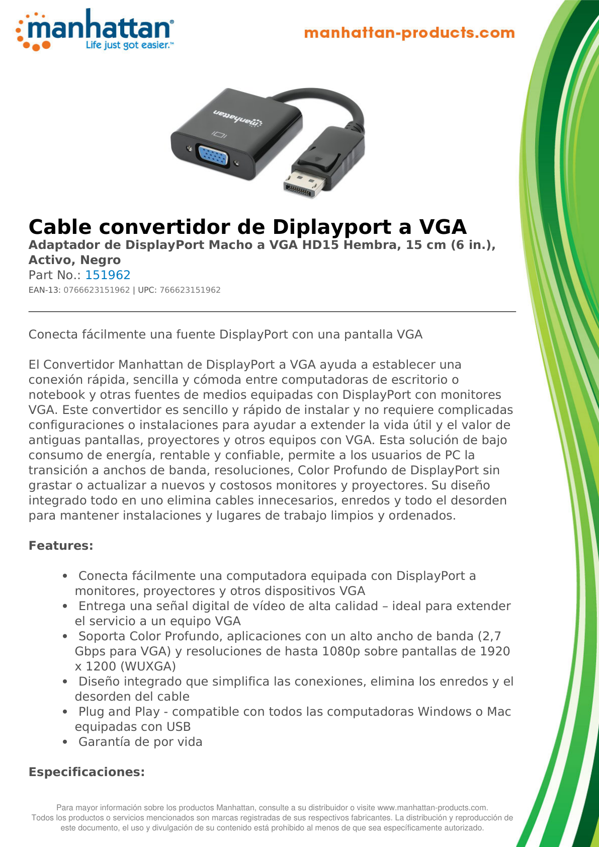 ADAPTADOR MANHATTAN DISPLAYPORT M A VGA H 15CM