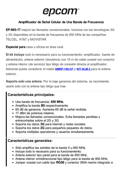 Kit Amplificador de Señal Celular de UNA banda de frecuencia / Mejora las llamadas convencionales / Soporta los datos de las tecnologías 2G y 3G de TELCEL, AT&T y MOVISTAR / Puede cubrir un espacio de hasta 300 m2.