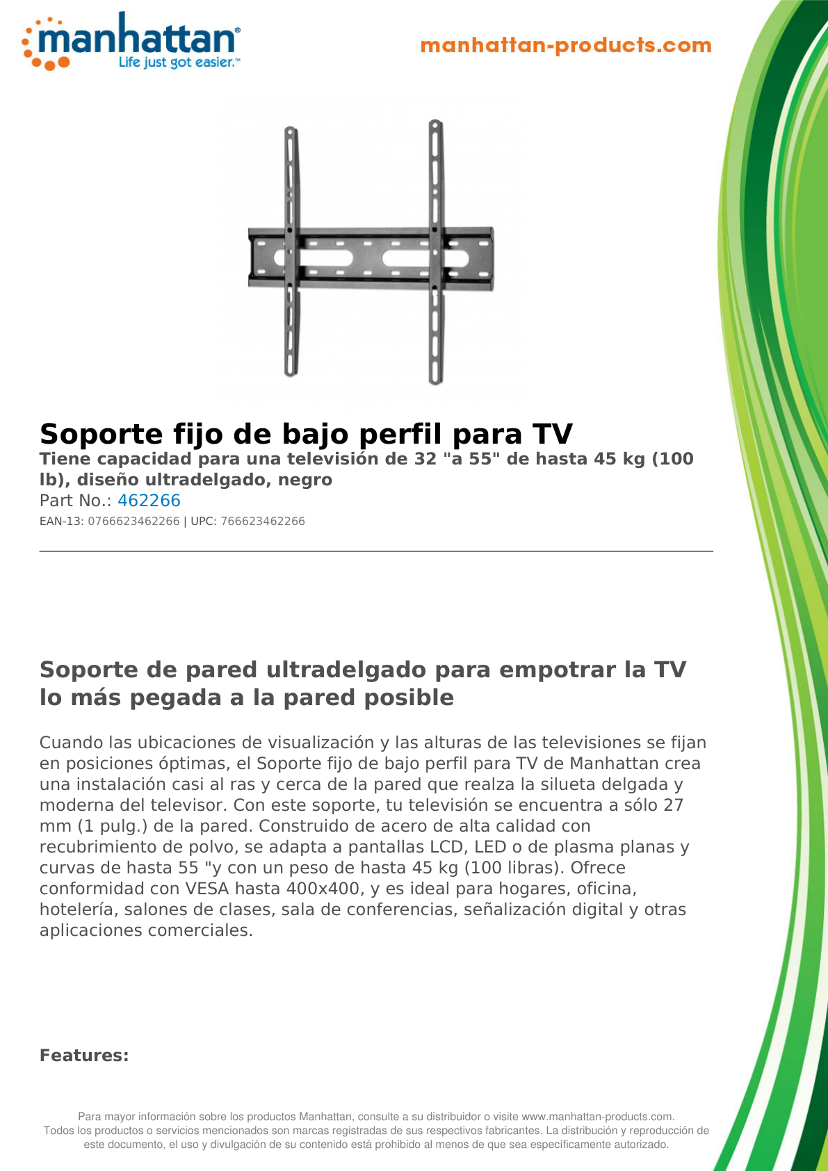 SOPORTE MANHATTAN PARA TV 32 A 55 PULG PARED 45KG FIJO PANTALLAS PLANAS