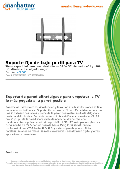 SOPORTE MANHATTAN PARA TV 32 A 55 PULG PARED 45KG FIJO PANTALLAS PLANAS