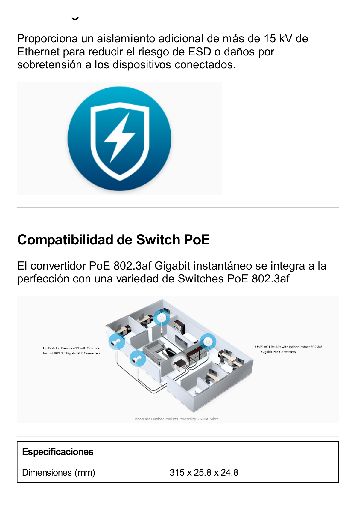 Adaptador Instantáneo Gigabit para Exterior de PoE 802.3af a 24 V 0.5 A Pasivo