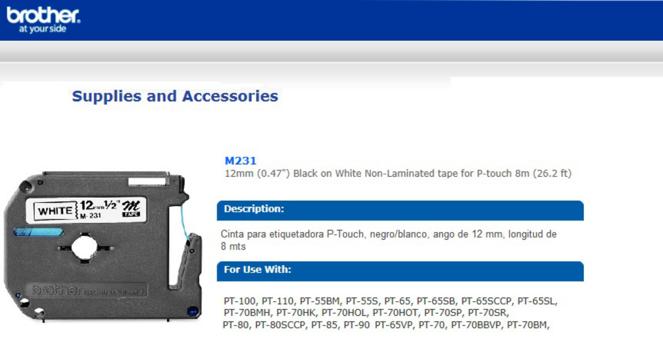 Cinta Brother M231 negro sobre blanco no laminada para PTM95 12mmX8m