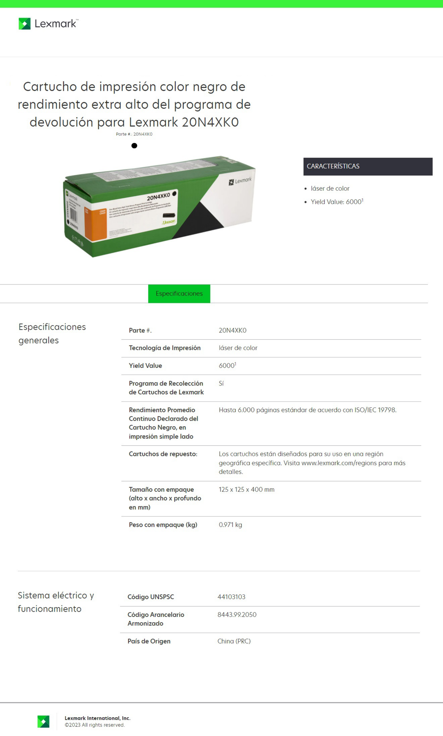 TONER LEXMARK 20N4XK0 NEGRO CS431DW / CX431ADW (6 000 PAG)