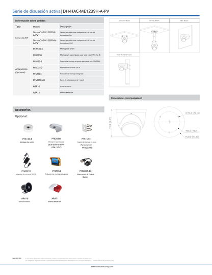 Camara Dahua DH-HAC-ME1239HN-A-PV domo TiOC 2 mpx lente 3.6 mm IR 40 m metalica exterior microfono integrado IP67