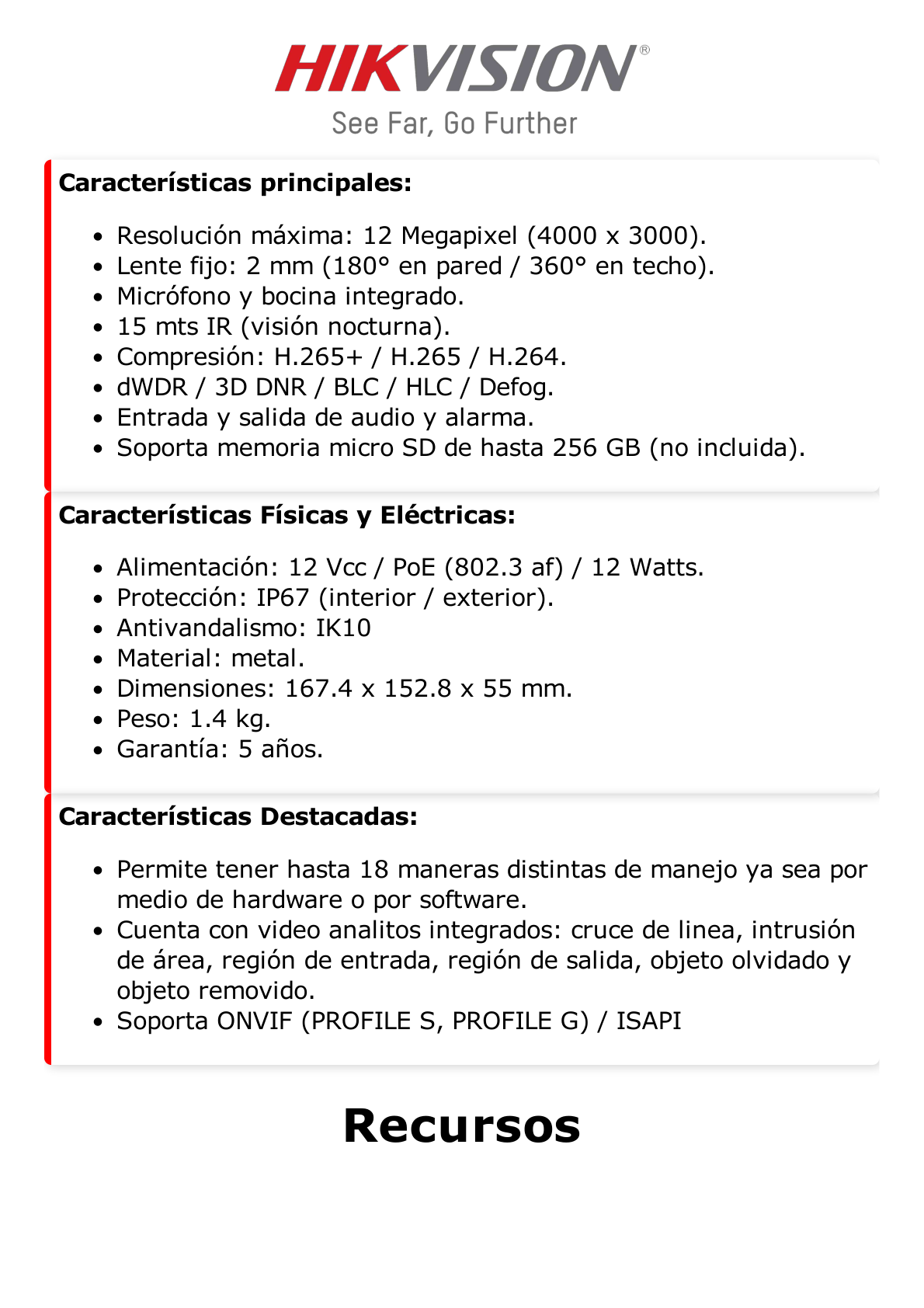 Fisheye IP 12 Megapixel / 180° - 360° / DEWARPING / Exterior IP67 / IK10 / 15 mts IR / Entrada y Salida de Audio y Alarma / Múltiples Vistas / Micrófono Integrado  / microSD