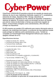 UPS de 825 VA/450 W, Topología Línea Interactiva, Entrada 120 Vca NEMA 5-15P, Tipo Gabinete Compacto, Con 8 Tomas NEMA 5-15R