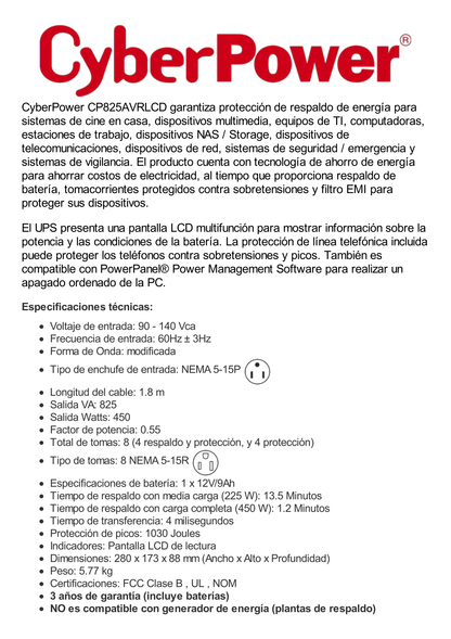 UPS de 825 VA/450 W, Topología Línea Interactiva, Entrada 120 Vca NEMA 5-15P, Tipo Gabinete Compacto, Con 8 Tomas NEMA 5-15R