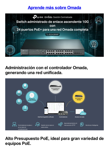 Switch L2+ Omada PoE+ / 24 Puertos PoE+ 10/100/1000 Mbps / 4 Puertos SFP+ 10G / 2 Puertos Consola (RJ45 y microUSB) / Administración Centralizada Omada o Stand-Alone / Multicast IGMP / Presupuesto PoE 384W / Montaje en Rack / (SG3428XMP)