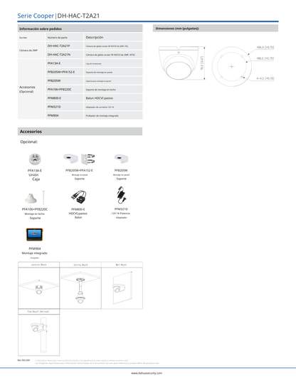 Camara Dahua DH-HAC-T2A21N domo 2 mpx lente 2.8 mm IR 20 m metalica exterior 100 gds apertura IP67