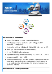 Bala TURBOHD 5 Megapixel / Lente 2.8 mm / 4 Tecnologías (TVI / AHD / CVI / CVBS) / 40 mts IR EXIR / Exterior IP67 / dWDR