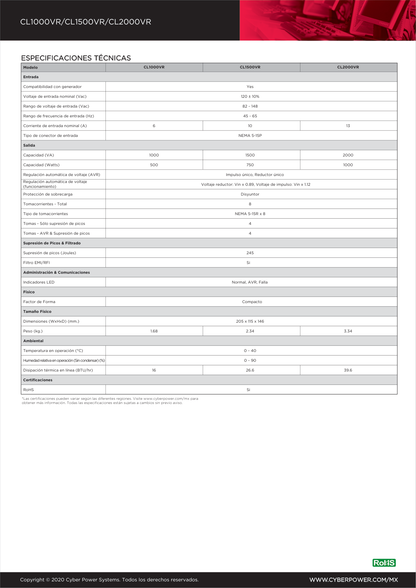 Regulador CyberPower CL1500VR 1500VA/750W 8 contacos NEMA5-15R (4 AVR+supresor y 4 supresor) 245 Joules filtración EMI y RFI