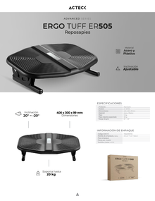 Reposapies Acteck Ergo Tuff ER505 Ergonómico Ajustable 20° Peso Max 20 kg Antiderrapante 400x300x99 Acero y Plástico Negro