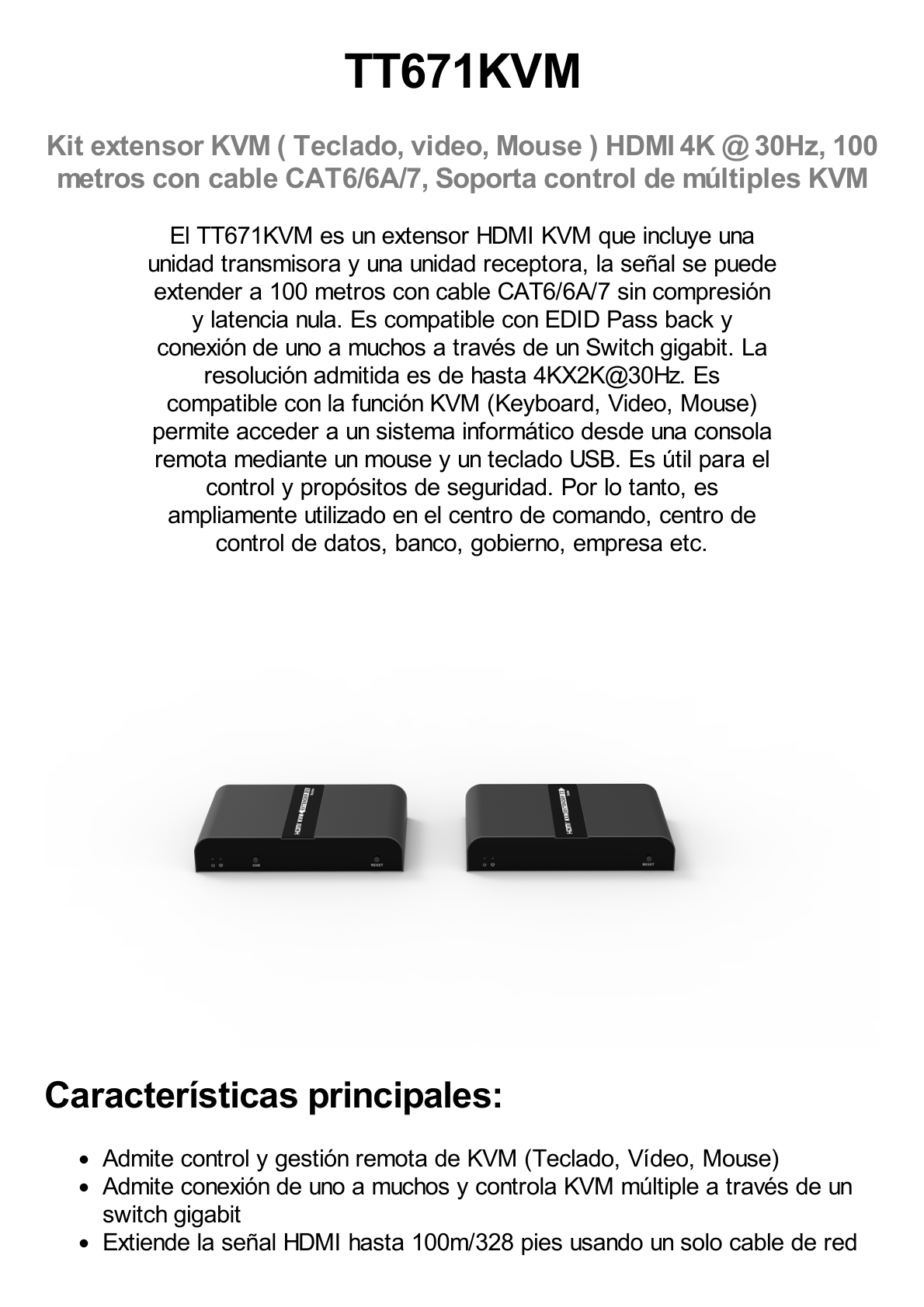 Kit extensor KVM (HDMI y USB 2.0) hasta 100 metros / Resolución 4K @ 60 Hz / Cat 6/6A/7 / CERO LATENCIA / Salida Loop / Soporta Switch Gigabit para control KVM múltiple / Soporta hasta 253