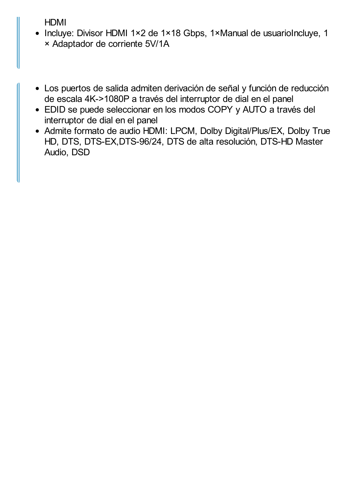 Splitter HDMI 1x2 | 4K@60Hz | Extractor de Audio | Down Scaler | HDR  4:4:4 | EDID | 18Gbps