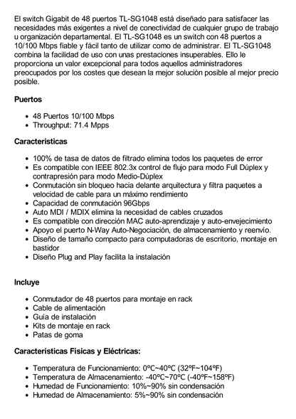 Switch no administrable de 48 puertos 10/100 Mbps para montaje en rack