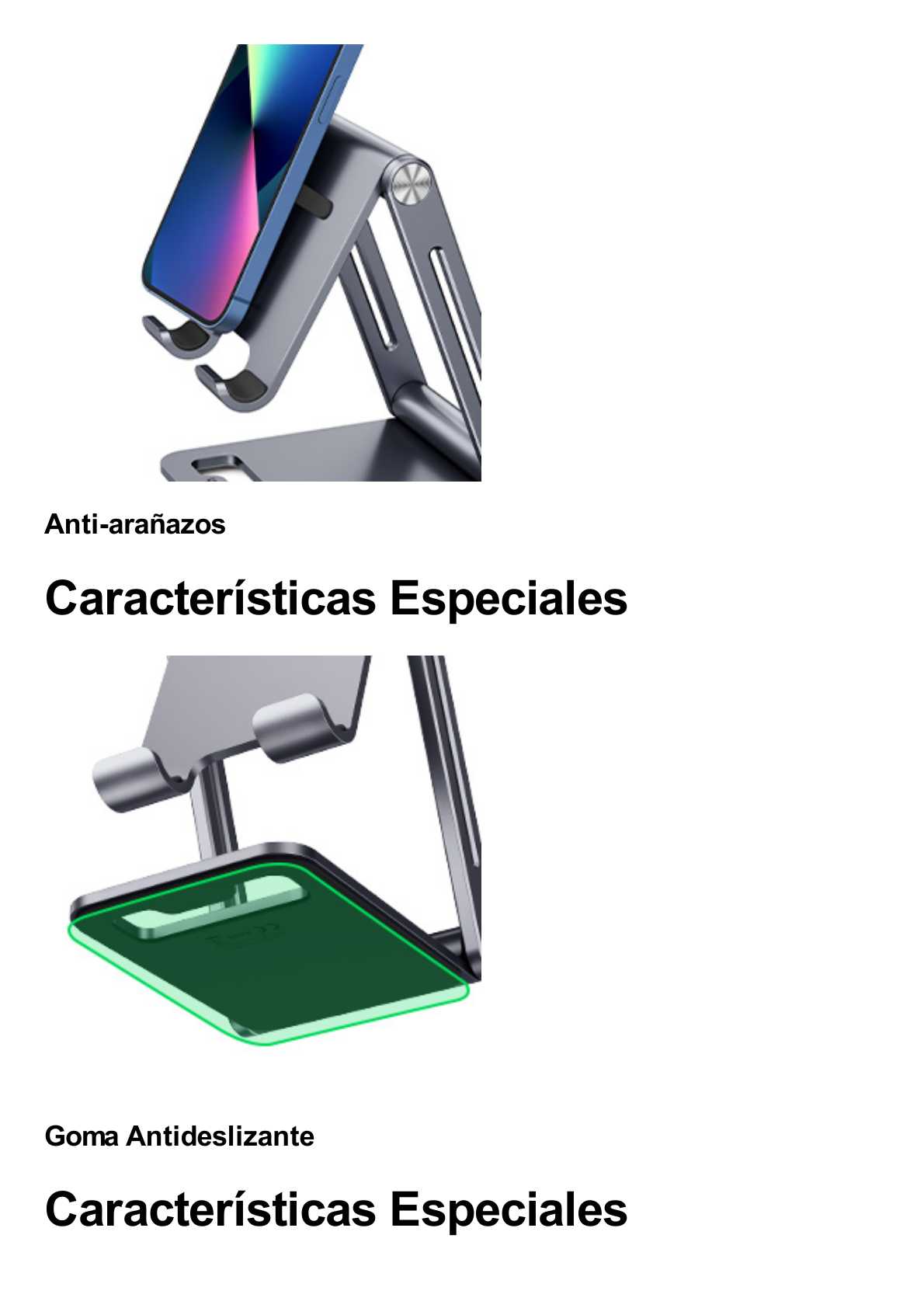 Soporte para Teléfono Celular de Aluminio / Angulo Ajustable / Amplia Compatibilidad con dispositivos de 4.7'' a 7.9'' / Antideslizante / Antiarañazos / Plegable / Color Gris