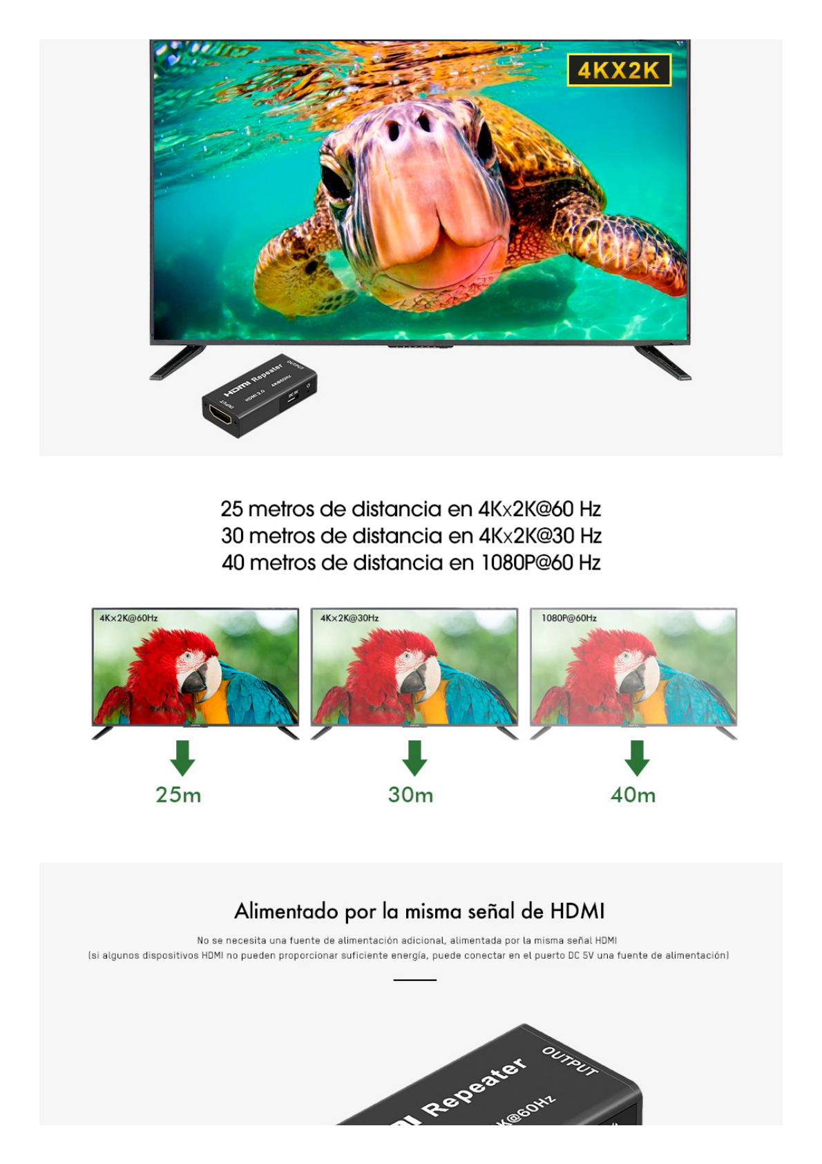 Adaptador HDMI para Amplificar o Repetir la señal de los cables HDMI (Booster) a una distancia de 40 metros / Soporta resoluciones  4K x 2K.