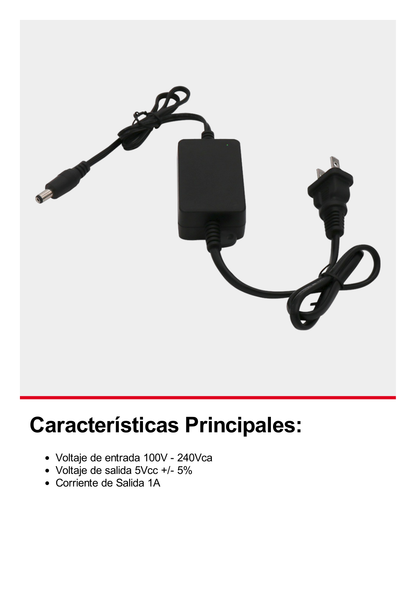 Adaptador 5 Vcc / 1A / UL / Voltaje de Entrada de 100-240 Vca / Para uso, solo en lectores biométricos de 5 Vcc de la marca ZK