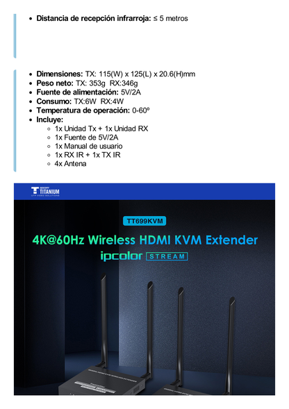 Kit Extensor Inalámbrico | 4K@60Hz | Transmisión hasta 50m | Transferencia IR | Emparejamiento SSID