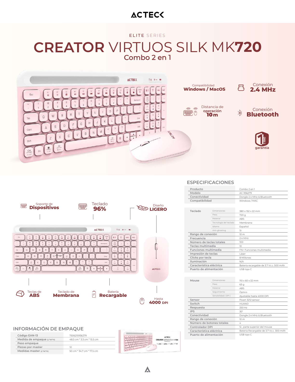 Kit Teclado y Mouse Creator Virtuos Silk MK720 Blanco Inalambrico recargable con soporte para smartphone