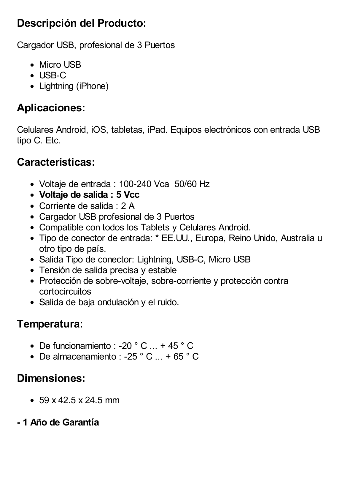 Cargador de pared USB de 5 Vcc 2A / Multi-puertos / USB-C / Micro USB / Tipo C / Lightning (iPhone) / Extensión de cable 1.2 metros