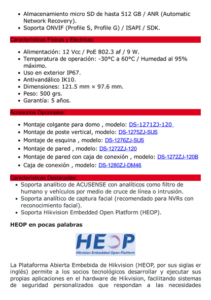 Domo IP 4 Megapixel / Lente 2.8 mm / 40 mts IR / Exterior IP67 / IK10 / Microfono Integrado / DARKFIGHTER / Audio y Alarma I/O / PoE / ONVIF / Micro SD / 4 Analíticos: AcuSense, Detección Facial, Conteo de Personas por Cruce y Zona