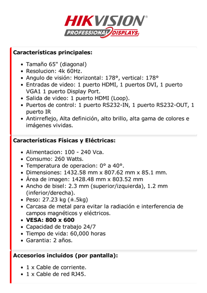 Pantalla LCD 65" 4K para Videowall / Entrada HDMI - VGA - DVI - DP / Monitor Robusto / Bisel Delgado (3.5 mm) / Daisy Chain (Conexion en Cadena sin Software)