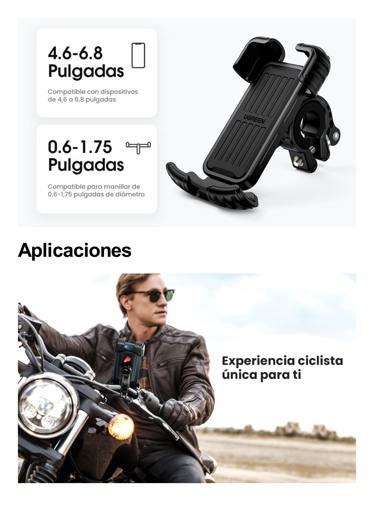 Soporte de Celular para Manillar de Motocicleta o Bicicleta / Anti Vibración / Protección de clip Antideslizante / Rotación de 360° / Bloqueo de Seguridad / Compatible con manillar de 0.6'' a 1.75'' / Soporta dispositivos de 4.6''