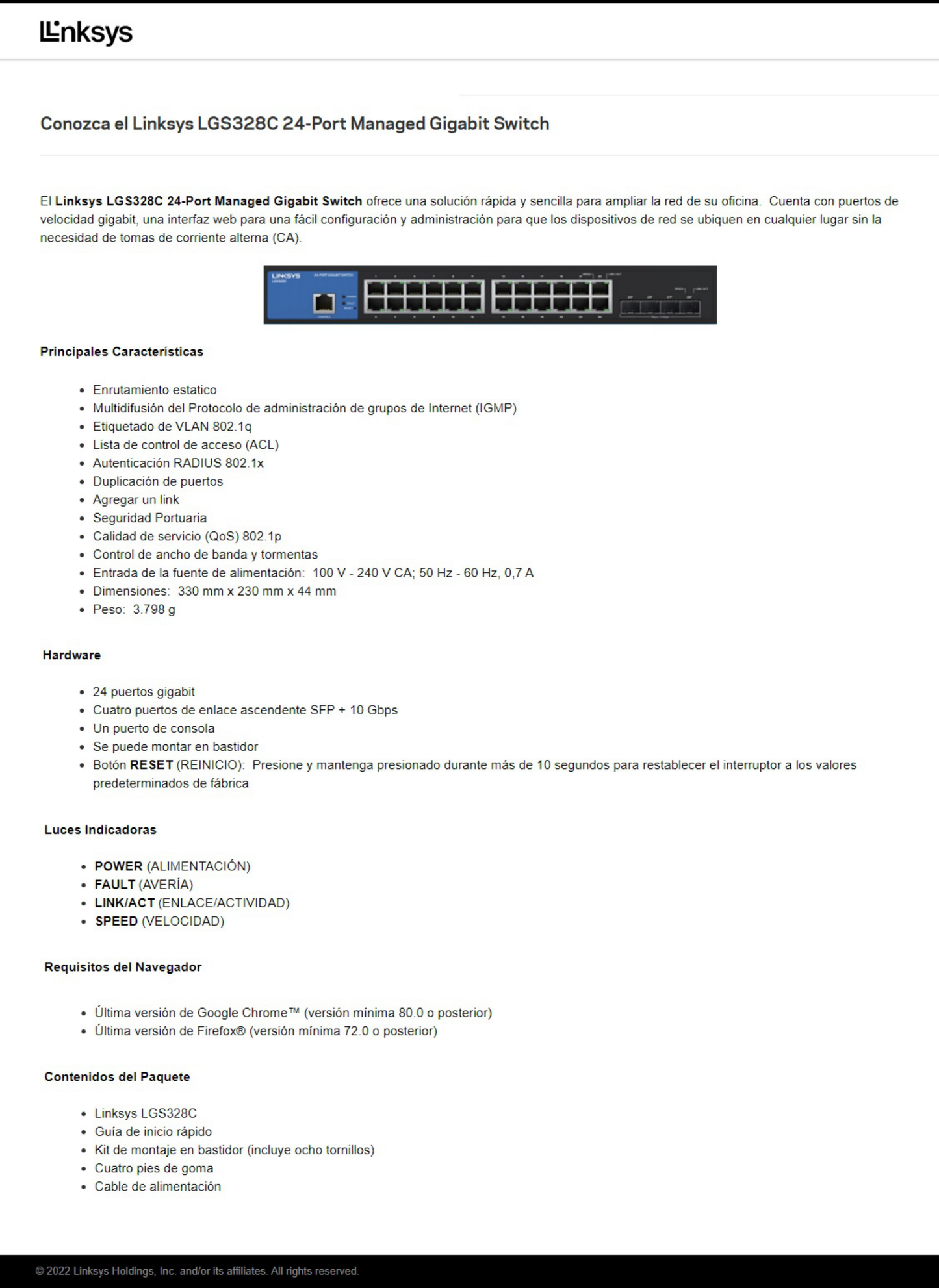 Switch Linksys LGS328C administrable 24 puertos RJ45 gigabit 4 puertos SFP+ 10Gbps red avanzada QoS etiquetado de VLAN 802.1q