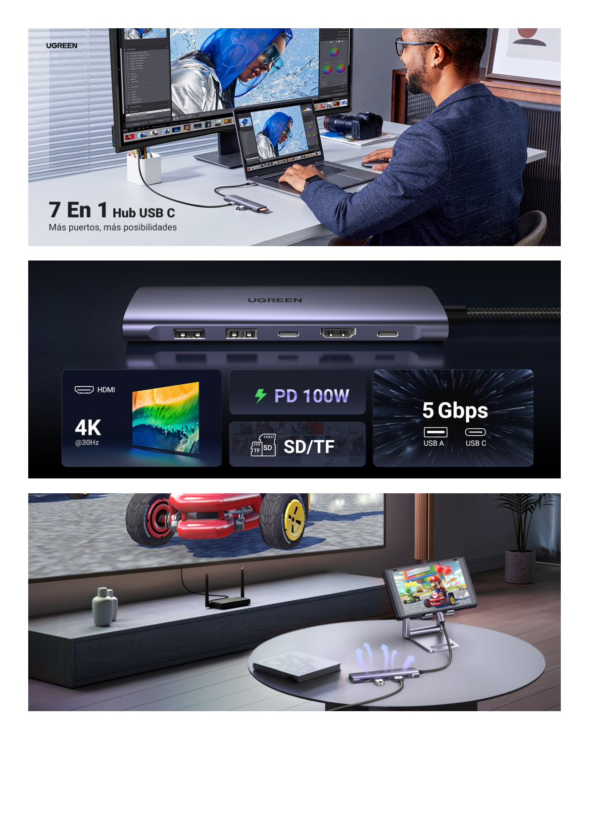 HUB USB-C (Docking Revodok) 7 en 1 | 2 USB-A 3.0 | 1 USB-C 3.0 (5Gbps) | 1 USB-C PD Carga 100W | HDMI 4K | Lector Tarjetas SD + Micro SD (TF) Uso Simultáneo | Chip de Última Generación | Cable de Nylon Trenzado | Caja de Aluminio.