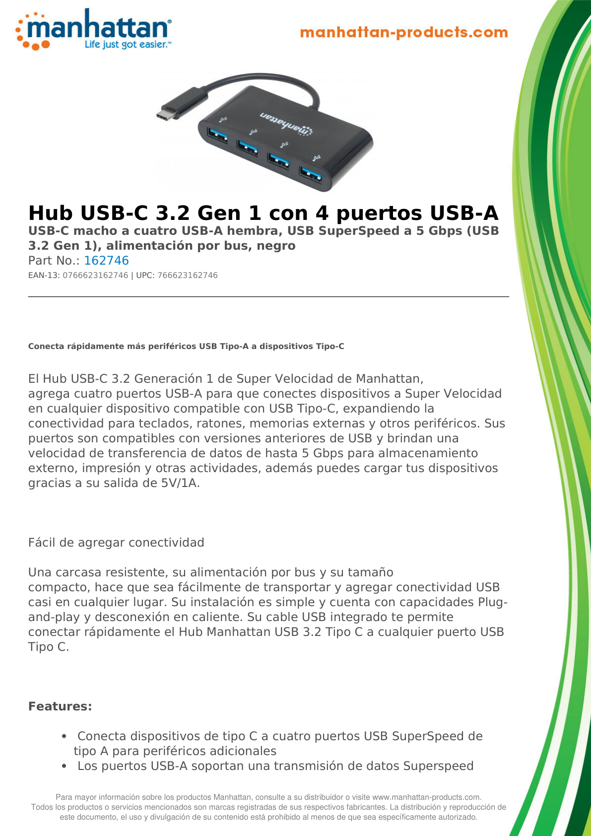 HUB MANHATTAN USB-C 4 PUERTOS NEGRO