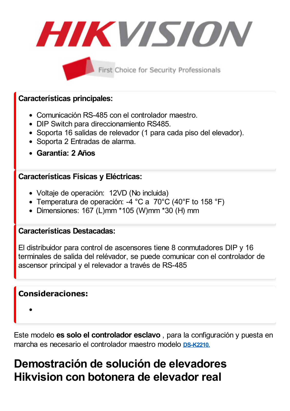 Distribuidor ESCLAVO para Control de Elevadores / Compatible con el controlador maestro DS-K2210