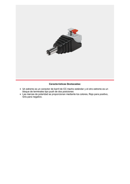 Adaptador tipo Jack de 3.5 mm Macho Polarizado de 12 Vcc con Terminales de Presión.