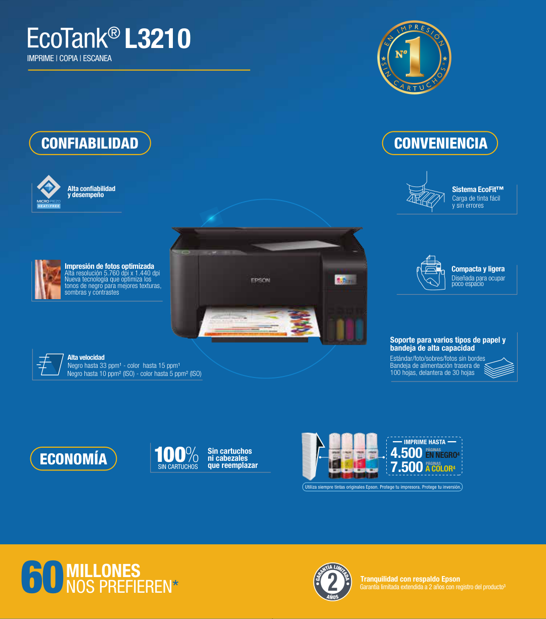 MULTIFUNCIONAL EPSON ECOTANK L3210 TINTA CONTINUA 33PPM NEGRO 15 PPM COLOR A4/CARTA USB 2.0