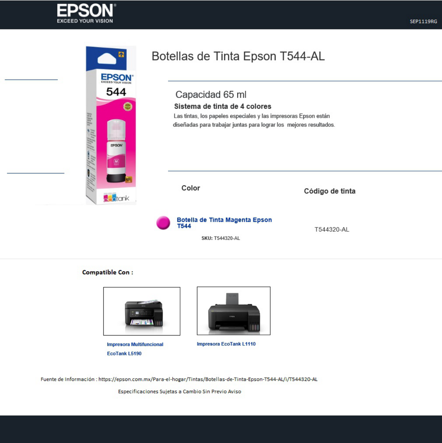 TINTA EPSON 544 T544320-AL MAGENTA BOTE ECOTANK L3110/L3150/L1110/L5190 (7 500 PAG)