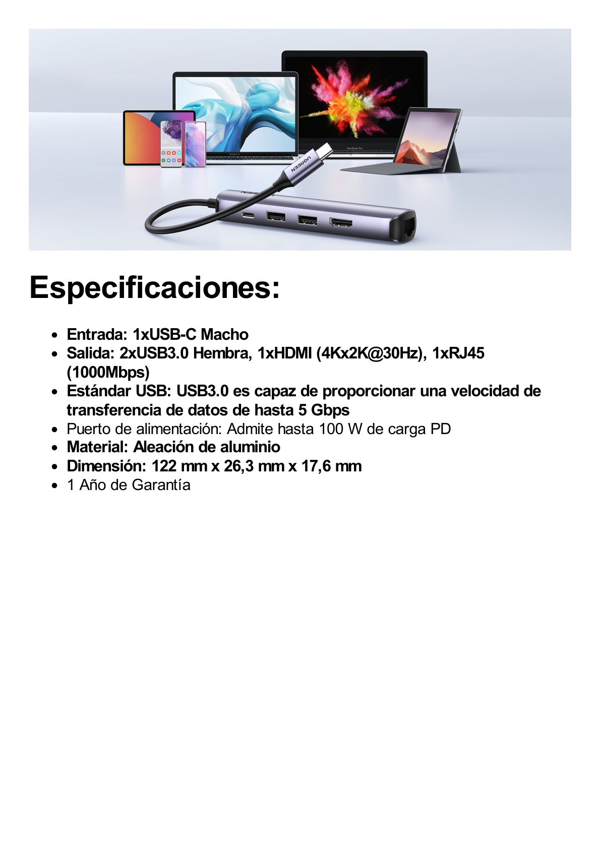 HUB USB-C (Docking Station) 5 en 1 | Ultra Delgado | 2 USB-A 3.1 a (5 Gbps) | HDMI 4K@60Hz | RJ45 (Gigabit Ethernet) | USB-C PD Carga Rápida 100W | Soporta OTG | Chips Inteligentes | Pequeño y Ligero | Caja de Aluminio.