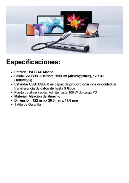 HUB USB-C (Docking Station) 5 en 1 | Ultra Delgado | 2 USB-A 3.1 a (5 Gbps) | HDMI 4K@60Hz | RJ45 (Gigabit Ethernet) | USB-C PD Carga Rápida 100W | Soporta OTG | Chips Inteligentes | Pequeño y Ligero | Caja de Aluminio.