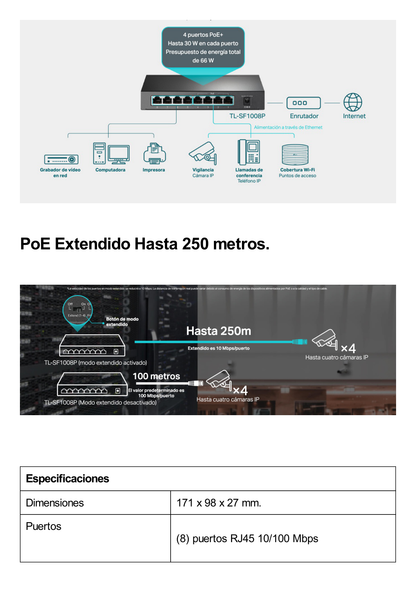 Switch PoE+ No Administrable / De Escritorio 8 puertos 10/100 Mbps / 4 puertos PoE af/at Inteligente / Presupuesto 66 W / Hasta 250 metros